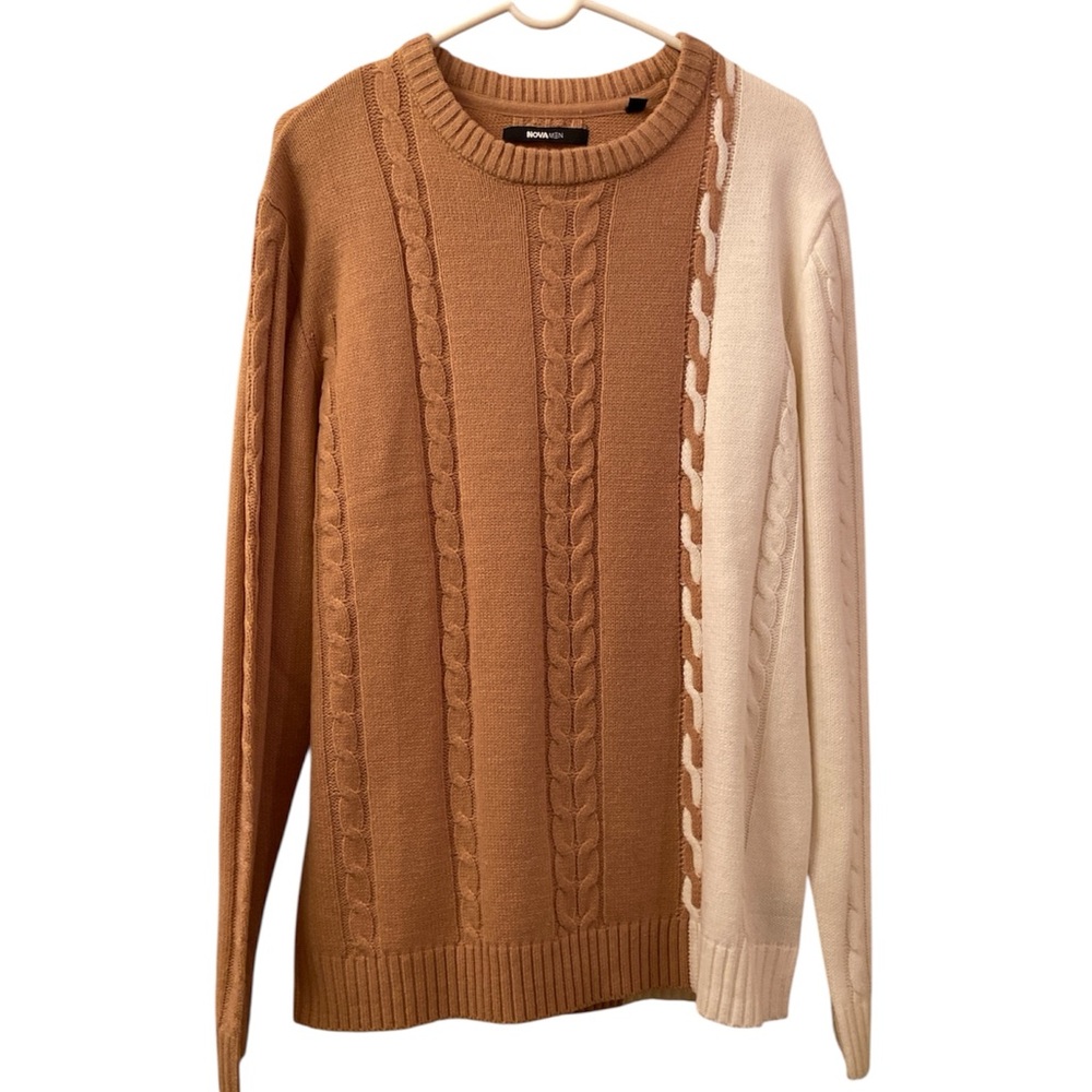 Nova Men Sweater Pullover Crewneck Cable Knit Tan Brown White Winter MNS SZ L